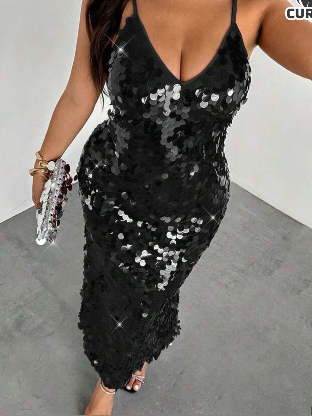 SHEIN Black Sequin Midi Slip Dress - Picture 5 of 6
